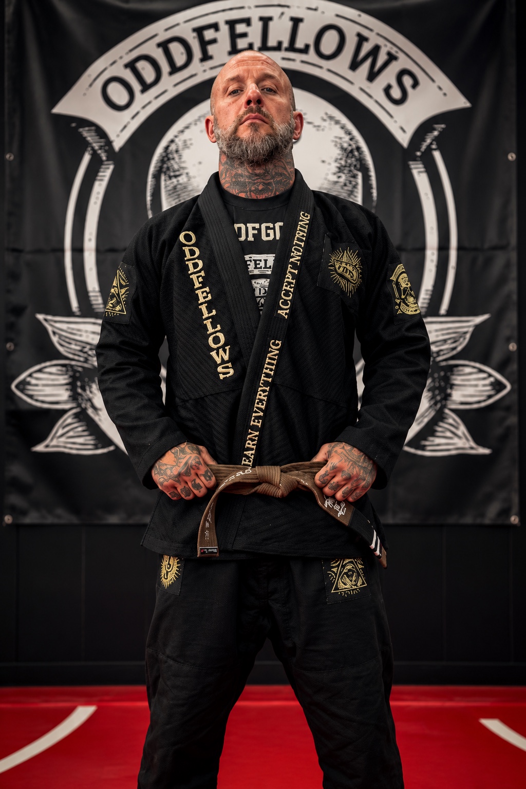 Andrew Carr, Oddfellows Head Instructor, wearing his black club gi and brown belt in front of the Oddfellows banner