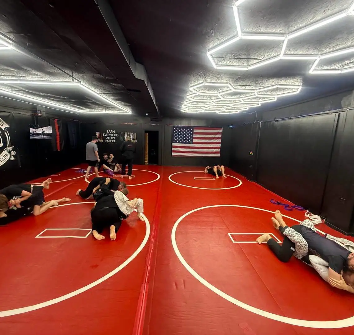 Training partners working on the red mats beneath the club’s hexagonal lights